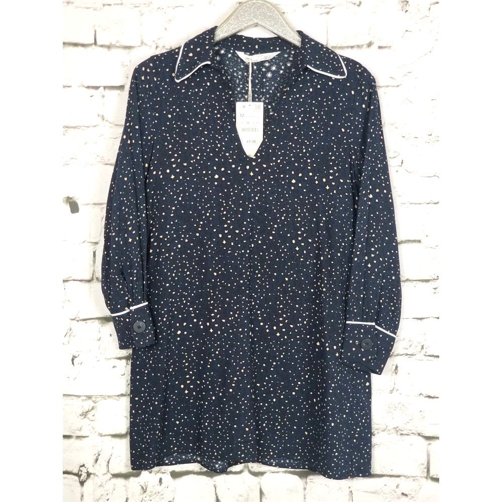 ZARA Abstract Animal Print Pajama Core Mini Shirt Dress Navy Blue Medium NWT